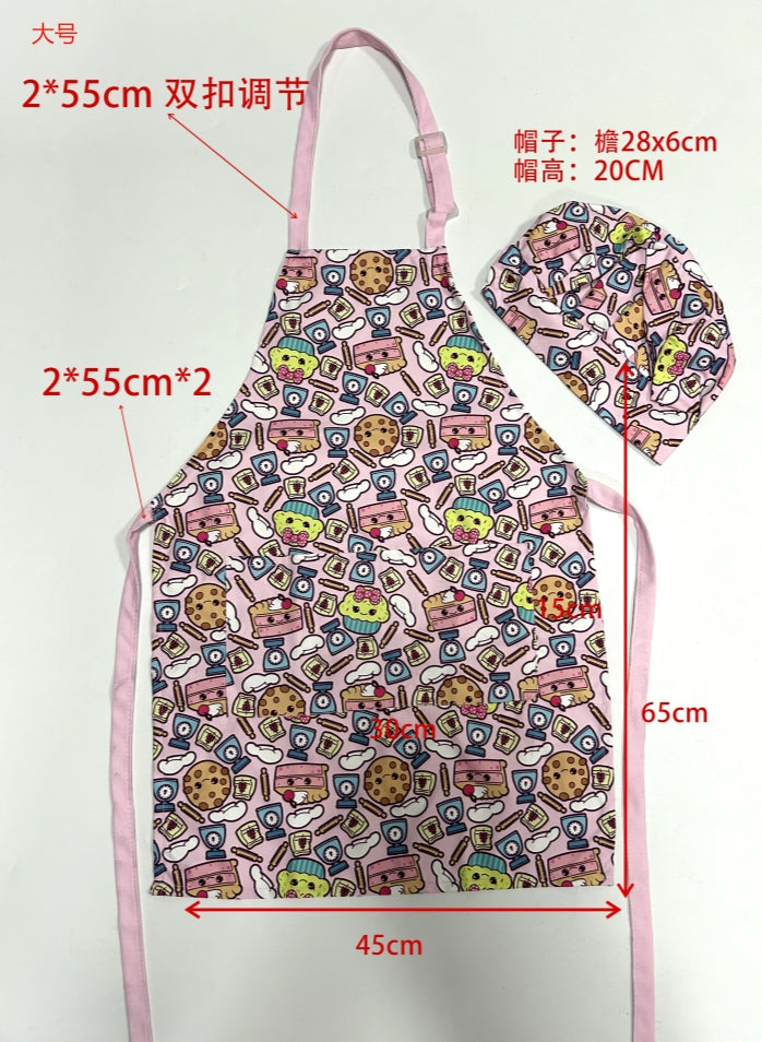 Pink children's cute waterproof apron and hat