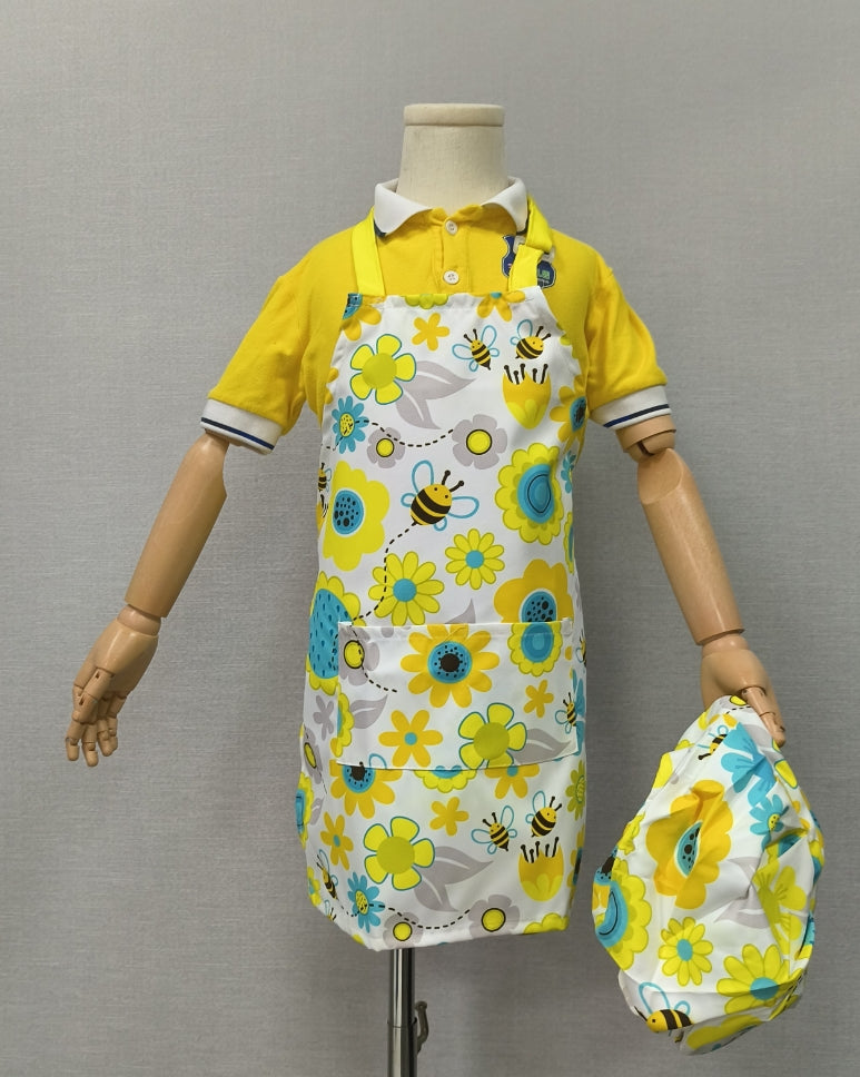 Yellow children's cute waterproof apron and hat