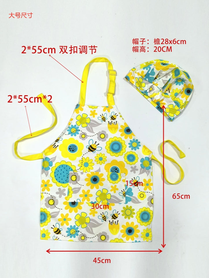 Yellow children's cute waterproof apron and hat