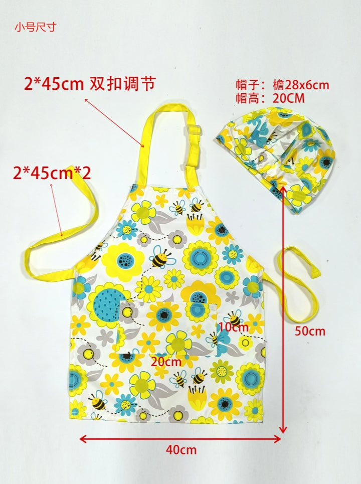 Yellow children's cute waterproof apron and hat