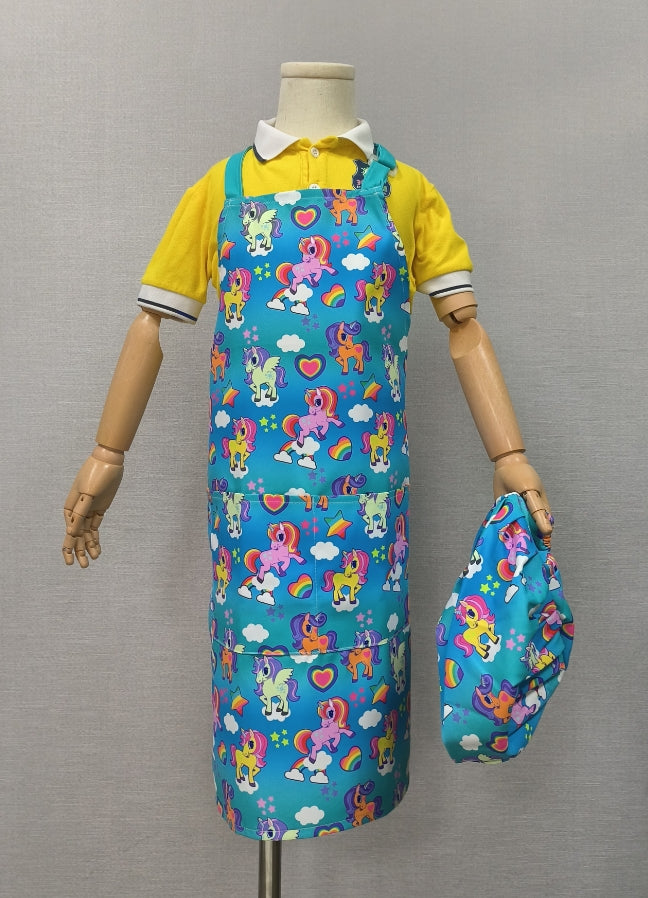 Blue children's cute waterproof apron and hat