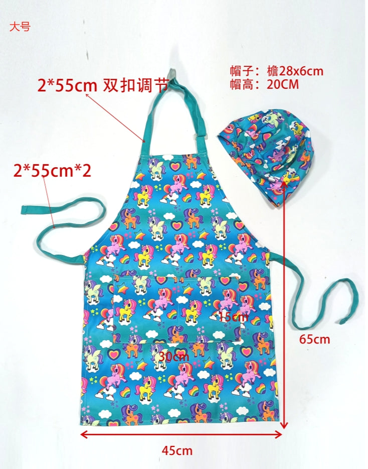 Blue children's cute waterproof apron and hat