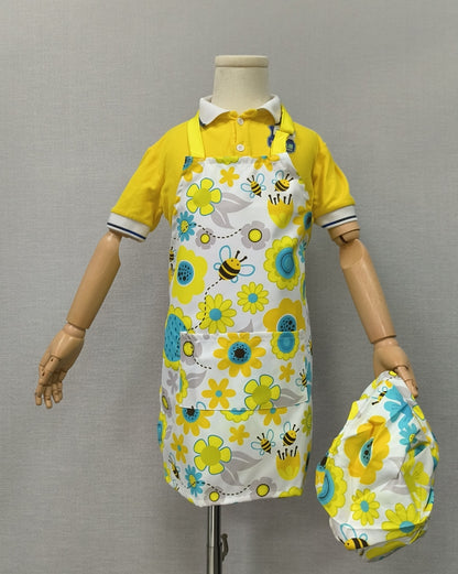 Yellow children's cute waterproof  apron and hat