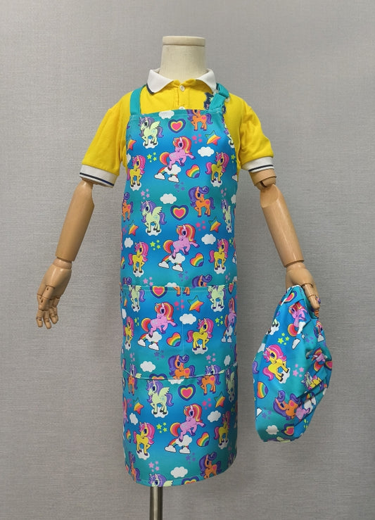 Blue children's cute waterproof  apron and hat