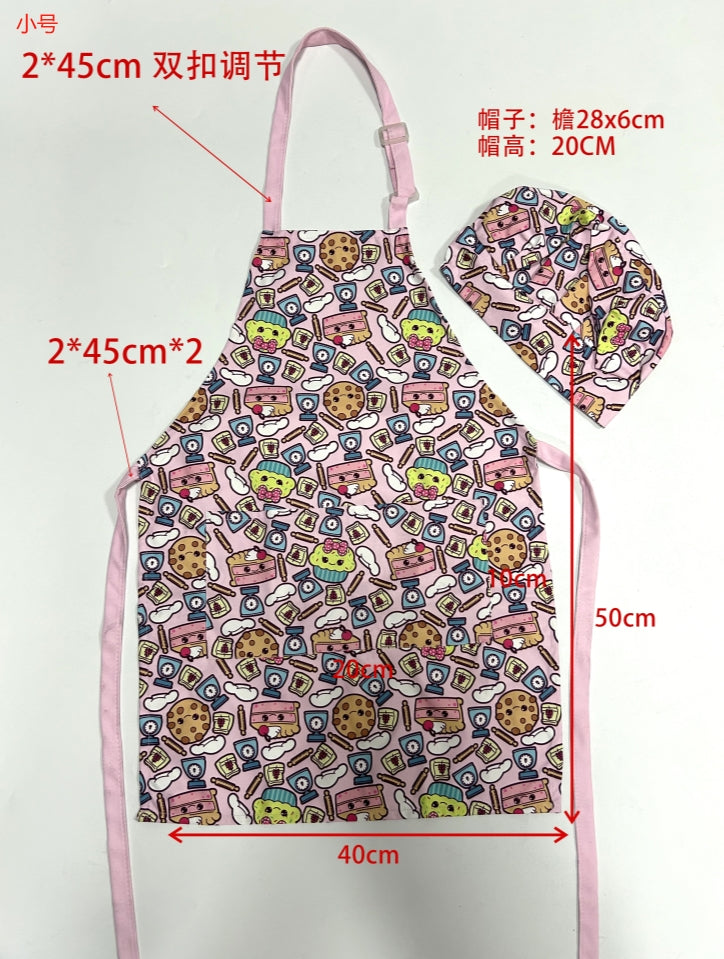 Pink children's cute waterproof  apron and hat