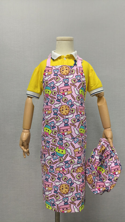 Pink children's cute waterproof  apron and hat