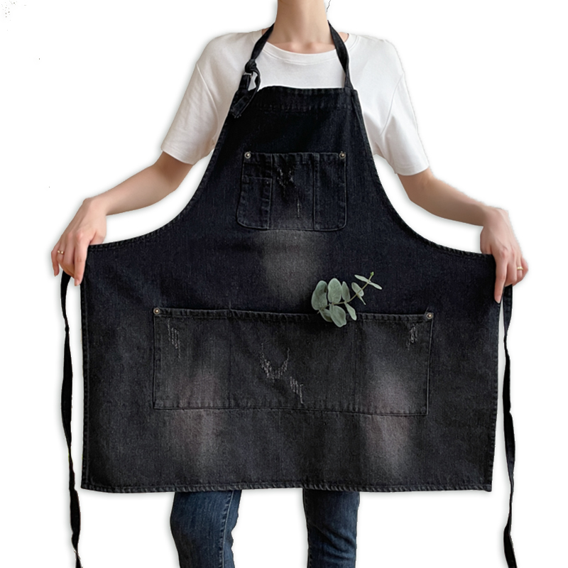 Distressed cotton denim apron QS-NZ0058-kitchen textile,apron,oven mitt,pot holder,tea towel,hairdressing cape